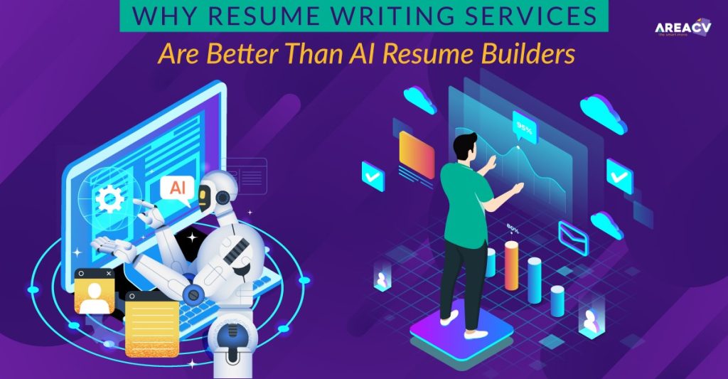 Split-screen showing artificial intelligence building a resume on one side and a human professional writing a resume on the other, highlighting the contrast between AI tools and expert resume services